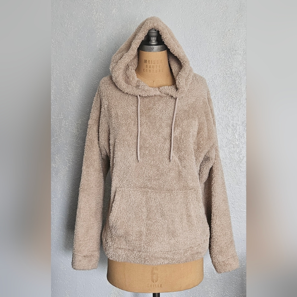 U2B URBAN BASIC Long Sleeves Tan Teddy Fleece Hoodie Front Pocket Size M